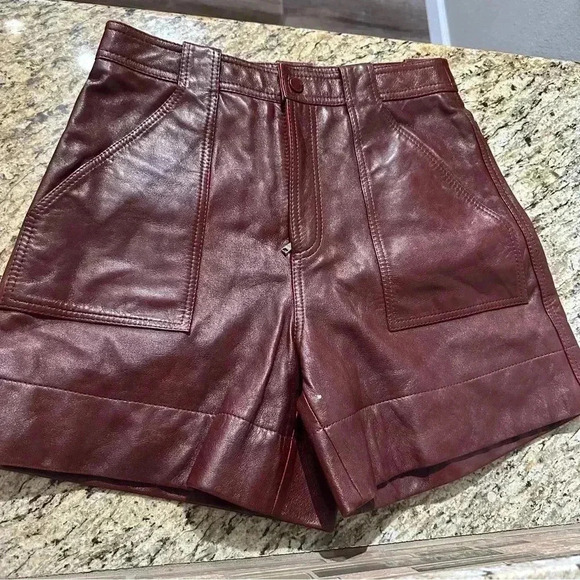 Rare! Ganni 100% lamb leather burgundy high waisted shorts sz 36 FR US 4 fall - Picture 13 of 14